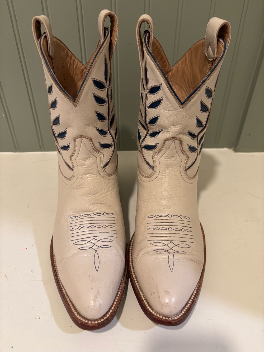 Women's Petite Paloma Cream Hadley Boots with Navy Stitch Accents